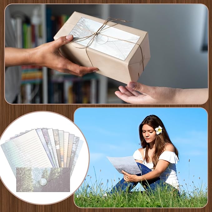 TaoBary 160 Pcs Stationery Paper Set 50 Double Sided Stationery Papers with 50 Matching Envelopes and 60 Round Dot Sticker, 10 Design(Natural Scenery,8.5 x 11 Inch)