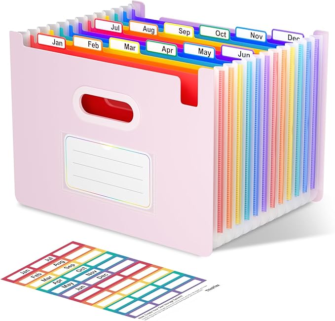 ThinkTex Accordion File Organizer, 12 - Pocket Expanding File Folders Upright & Open Top,for Paper Receipts, Bills&Taxes Organizer, Letter/A4 Size for School, Office, Home with tab-Pinkish Purple