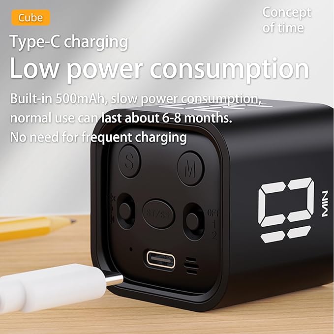 VEWINGL Cube Productivity Timer, 5/10/30/60 Min Presets + Custom Countdown, Silent/Vibrate/Sound Alarm, Pause & Resume, Desk Timer for Work, Study, Tasks, Kitchen