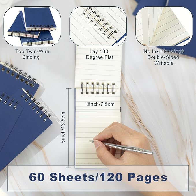 Tenceur 2 Pcs Pocket Notebook Bulk Small 3x5 Inch Spiral Notepads Mini Top Bound Notebook with Lined 120 Pages Ruled Memo Pads for Office College Nurse Essentials Back to School Gift (Blue)