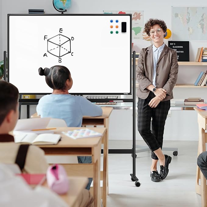 Dry Erase Whiteboard Easel on Wheels - TANKEE 48" x 32" Large Double Sided Mobile Whiteboard, Reversible Magnetic Rolling White Board for Home Office Classroom, Flip Chart Holders and Paper Pad