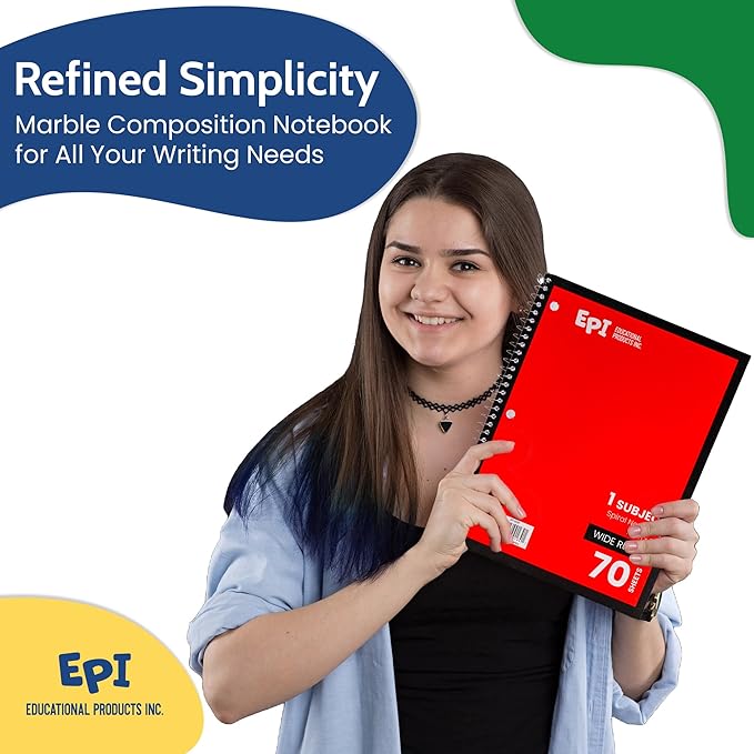EPI Spiral Notebook | Wide - 70 Sheets, Durable Spiral Binding | 10.5 x 8 in | Classroom Supplies | School, Office, Note Taking, Journaling - 48 Pack