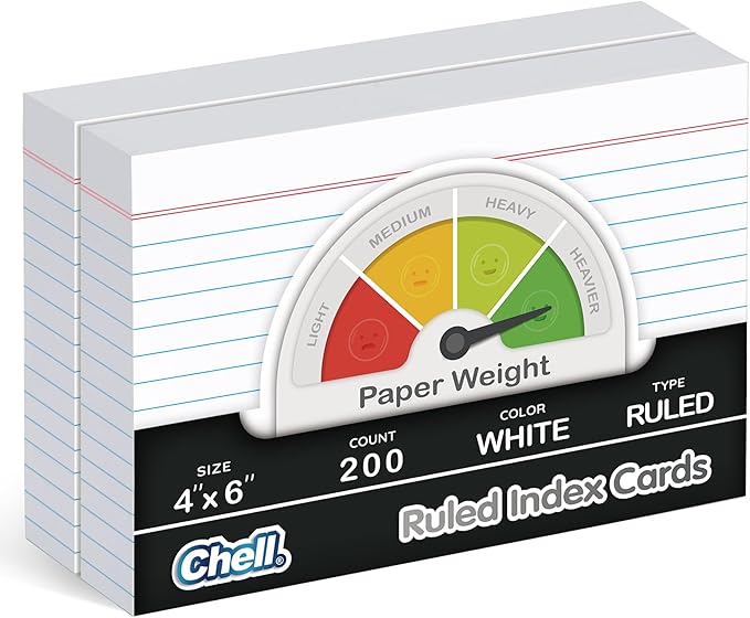 Chell Extra Heavyweight Ruled Index Cards 4x6 Inch, No Bleed-Through, 200 Count, Ruled Front and Blank Back, 85 lb. Cover Weight, White