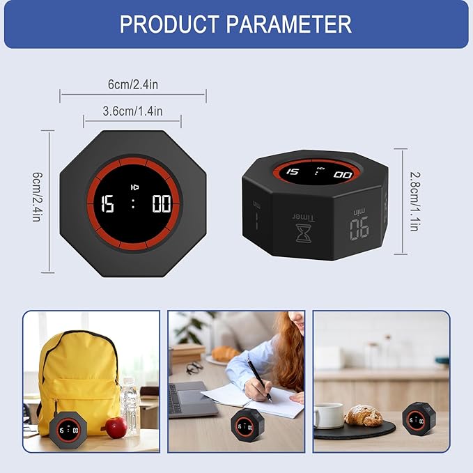 GuDoQi Digital Productivity Timer, Octagon Rotating Pomodoro Timers with Gravity-sensor, 1-3-5-15-30-60-90 Min Countdown, Portable Adjustable Sound Alert Multi Desk Timer or Study Task, Kitchen, Black