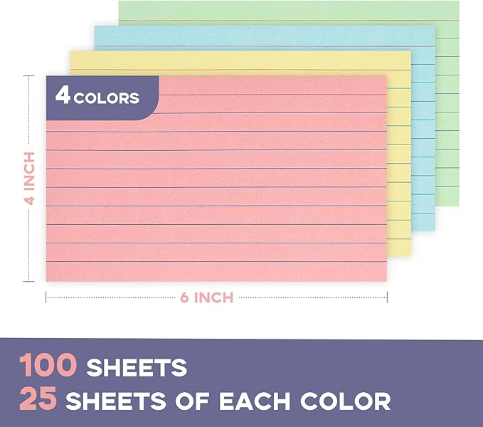 Colored Index Cards 4x6, Goefun Ruled Flashcards 100Pcs, 4 Color Notecards for Studying, Recipes, Memo Cards, Office Supply, DIY, Presentation