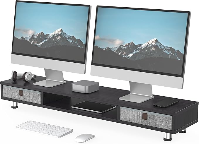 Fenge Dual Monitor Stand with 2 Drawers, 42.5 Inches Large Computer Riser for Desk, Adjustable Height Desk Shelf with Storage for Laptop, PC, TV, Printer