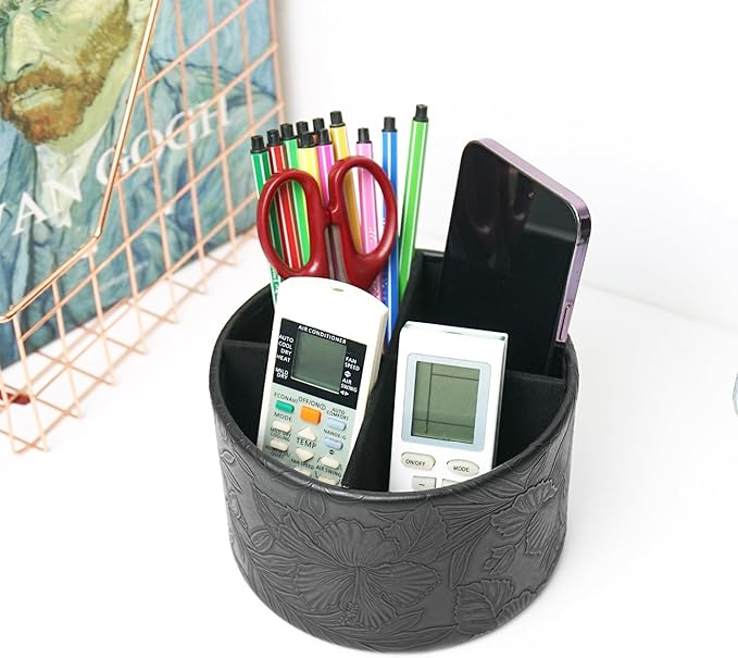 Hennaja Round Leather Art Supply Organizer,Remote Control Holder,360 Degree Spinning,Multi-Functional Pencil Holder,4 Compartments Desktop Stationary Organizer(1-Carved Black)