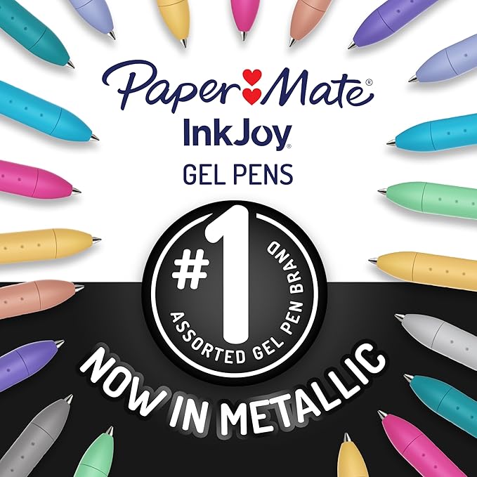 Paper Mate InkJoy Gel Pens, Metallic, Retractable, Medium Point, (0.8mm), Glittery Assorted Colors, 6 Count - Perfect for Writing, Doodling, Bullet Journaling, Glitter, Sparkle, Writing Fun