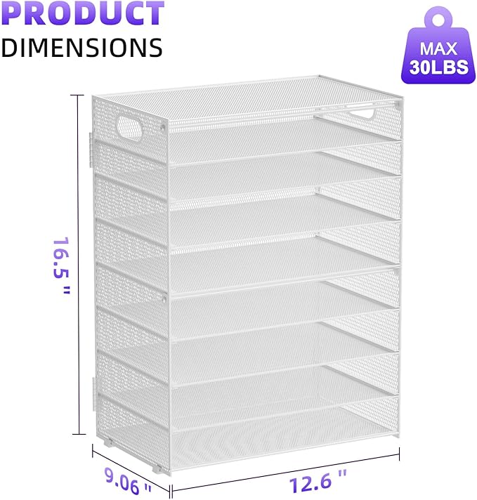 Marbrasse Paper Organizer Letter Tray, 9 Tier Mesh File Organizer with Handle, Paper Sorter Desk Organizer for Home Office Supplies - White