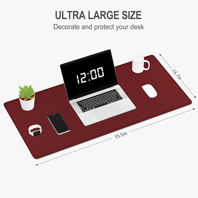 Auhoahsil Felt Desk Mat, Minimalist Large Mouse Pad XXL 35.5 x 15.7 in, Desk Matt for Desktop, Keyboard, Laptop, Computer, Office, Work from Home, Gaming, Red