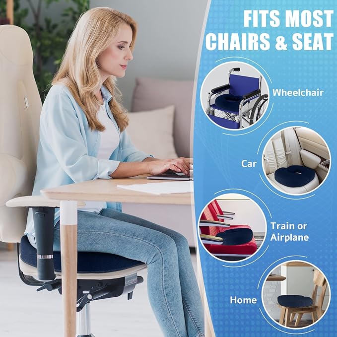BlissTrends Donut Pillow Seat Cushion, Donut Chair Cushions for Postpartum Pregnancy & Hemorrhoids, Tailbone Pain Relief Cushion, Memory Foam Lifting Cushions for Office & Home Chairs (Blue, X-Large)