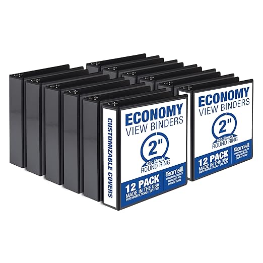 Samsill 2 Inch 3 Ring Binders, Made in USA, Economy Round Ring, Clear View Cover, 425 Sheet Capacity - for School, Home, Office - Black, 12 Pack