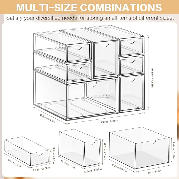 Desk Organizer with 7 Drawers, FODIENS 7 Packs Acrylic Stackable Desktop Storage Drawers Makeup Organizer, Clear Craft Storage Box Cabinets for Office Vanity Countertop Bathroom Bedroom
