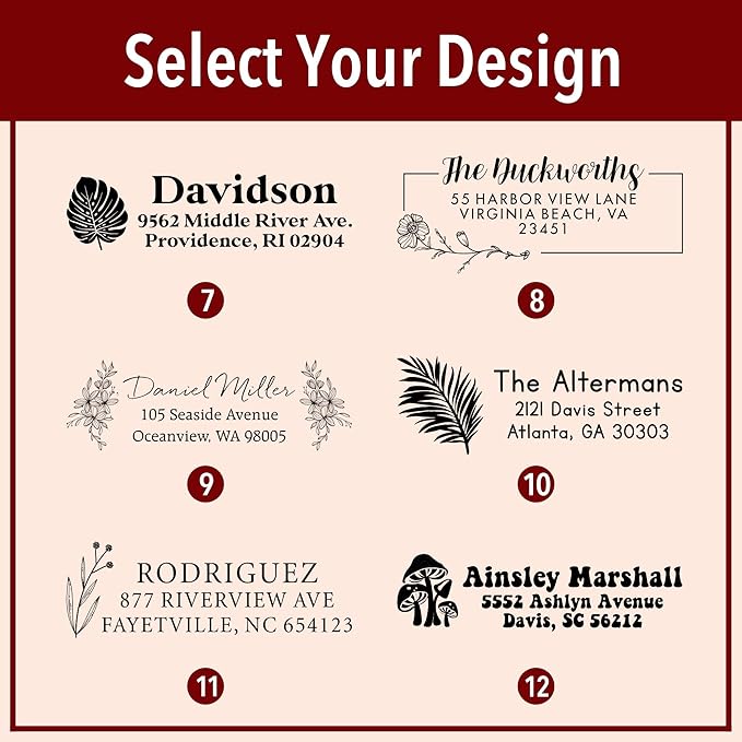 Custom Floral Address Stamp | Choose from 12 Designs | Multiple Ink Color Options | Envelope Return Address Stamp for Couple or Family (Design 6, Medium)