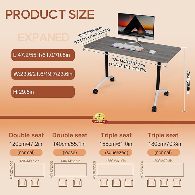 Folding Conference Table 4ft 5ft, Foldable Office Meeting Desk for 6 People, Multiple Sizes Colors Mobile Conference Room Table for Training Room School Business Furniture (2, Grey, 55in)