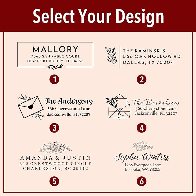 Custom Floral Address Stamp | Choose from 12 Designs | Multiple Ink Color Options | Envelope Return Address Stamp for Couple or Family (Design 6, Medium)