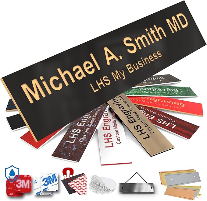 Engraved Door Signs for Office Personalized Black Plastic Door Plaque Gold Letters - Made in USA 2x10 B3