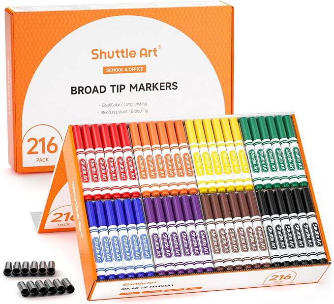 Shuttle Art 216 Pack Washable Markers, 8 Assorted Colors Broad Line Conical Tip Large Markers Bulk with a Box, Bonus Caps, Home Classroom School Supplies for Toddlers Kids Adults Students Teachers…