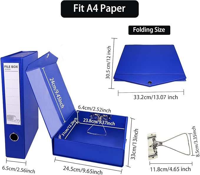 URbantin 6 Pack Foldable Plastic Box Files A4 with Metal Clip,65mm Spine,Document Archive Folders for Office（Blue）