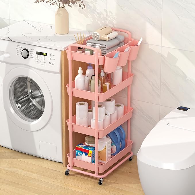 JIUYOTREE 4-Tier Plastic Rolling Storage Cart Utility Cart with Extra Hanging Cups Handles Lockable Wheels for Living Room Bathroom Kitchen Office Pink