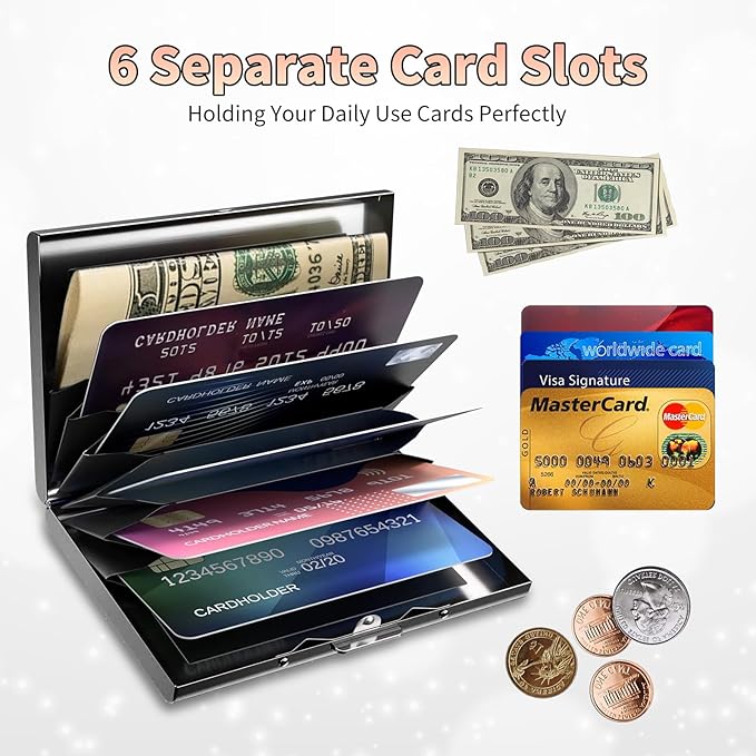 BWEGRHE Slim Credit Card Holder, Black Cat Glitter RFID Blocking Metal Wallet for Men & Women, Aluminum Minimalist Hard Case Pocket-Sized Business Cards Organizer (Fits Up to 10 Cards)