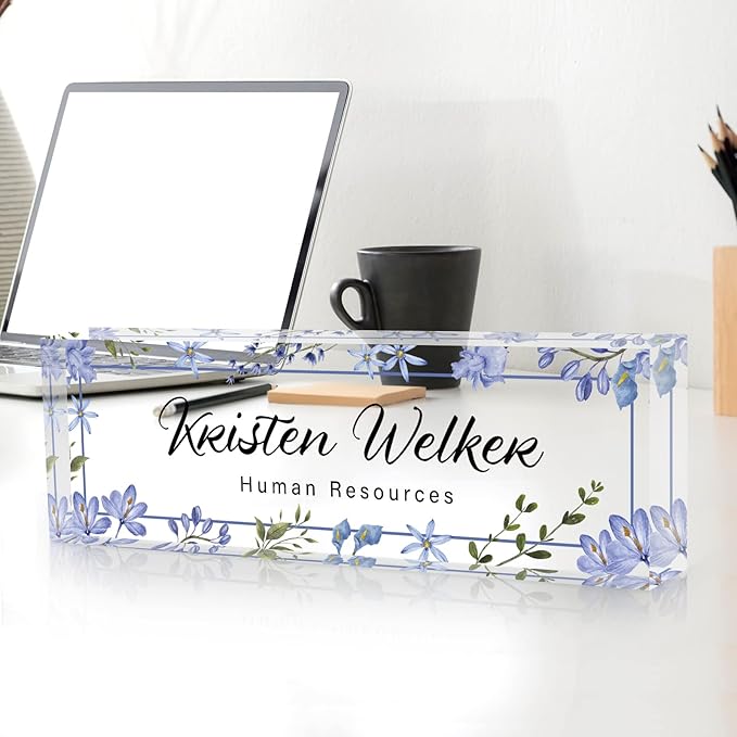 Desk Name Plate Personalized, Custom Name Plate for Desk, Office Desk Decor for Women Men, Acrylic Desk Accessories, Office Gifts for Coworkers Boss Teacher, Employee Appreciation Gifts (Blue Folwers)