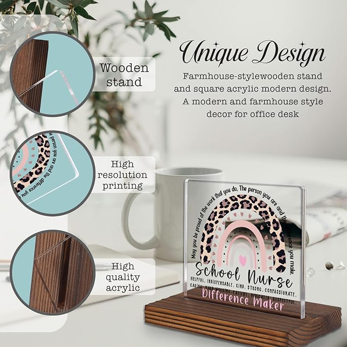 School Nurse Appreciation Gift Desk Sign, Leopard Rainbow Difference Maker Plaque, Thank You Office Decor for School Health Professionals PA074