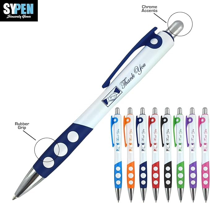 SyPen Personalized Ballpoint Pens With Custom Logo/Text-350 Pack Bulk-for Businesses, Parties, & Events, Custom Printed, White Barrel with Matching Colored Clip and Grip, Click Pens, Black Ink, Red