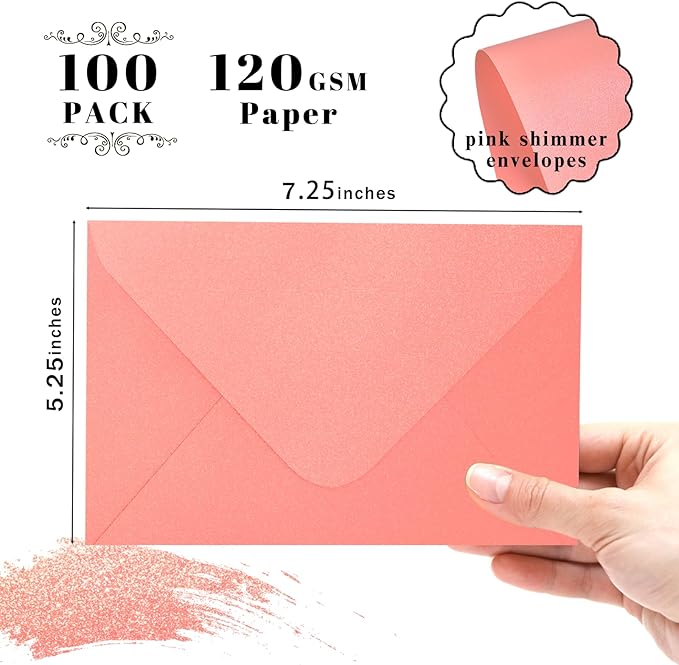 Pink Pearl Envelopes 5x7-100 PCS Goefun Metallic A7 Euro Flap Envelopes for Wedding Invitation, Save the Dates, Thinking of You, 5.25 x 7.25 inches