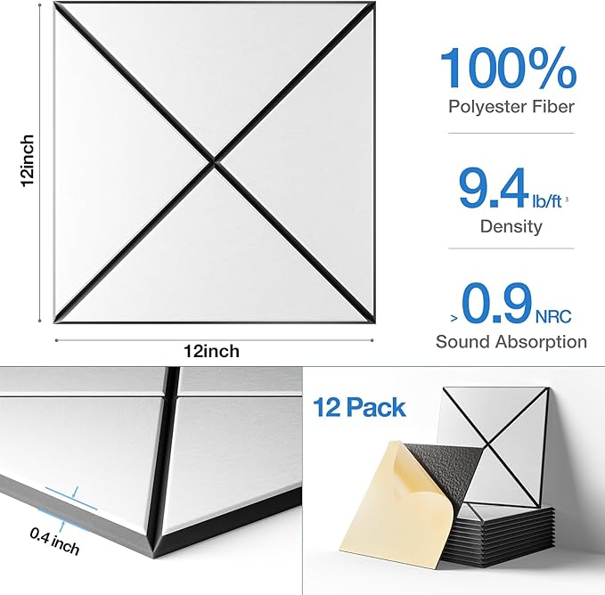 Sonicism 12 Pack X-Lined Acoustic Panels with Self-Adhesive, 12" X 12" X 0.4" Sound Proof Foam Panels, Decorative Soundproof Wall Panels, Sound Absorbing Tiles for Home & Offices (BlackBase+WhiteFace)