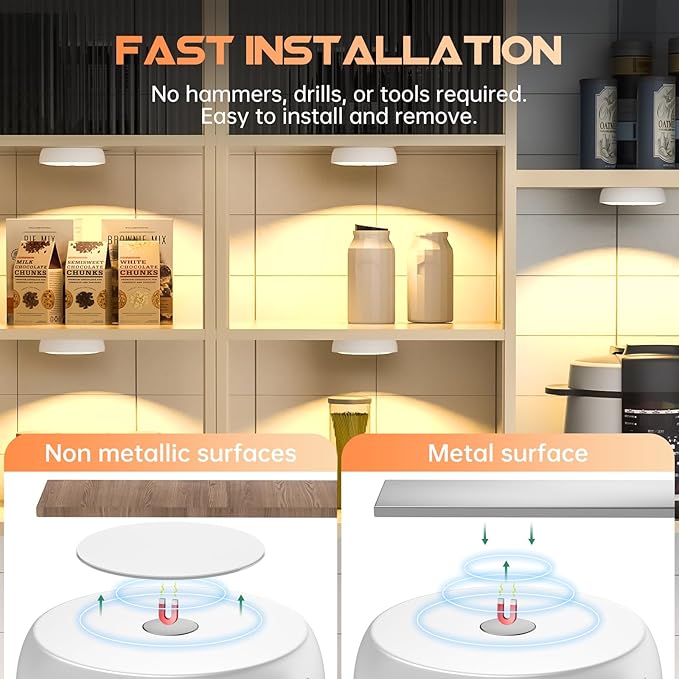 Warm Color LED Closet Lights Motion Sensor Puck Light, USB Rechargeable Battery Operated Puck Step Lights, Dimmable Under Cabinet Lighting for Counter Wardrobe Kitchen (6 Pack)
