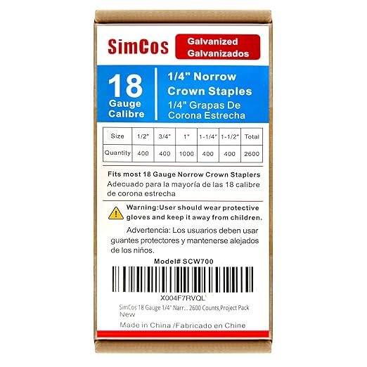 SimCos 18 Gauge 1/4" Narrow Crown Staples, Galvanized Upholstery Staples for 18 GA Pneumatic or Electric Stapler or Staple Gun (1/2"+3/4"+1"+1-1/4"+1-1/2" -2600 pcs)