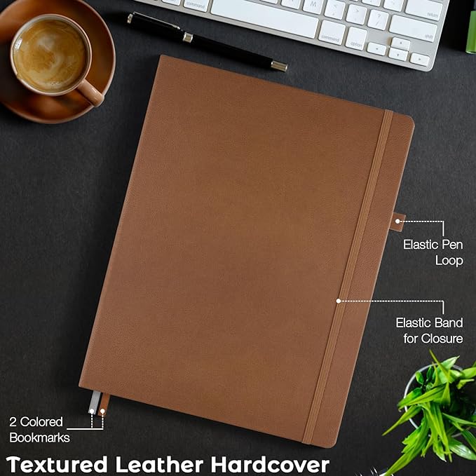 Lined Journal Notebook, 8.5" x 11" Hardcover Leather Notebook for Work, Wide Ruled Notebook Journal for Women Men, 192 Thick Paper, Lay Flat, 2 Pockets, A4 Large Journals for Writing, Brown Notebook