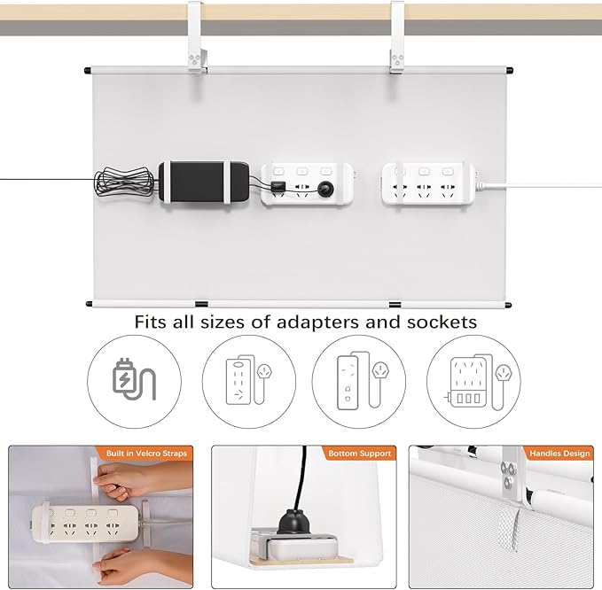 Under Desk Cable Management Tray - 28" Cord Organizer for Desk No Drill, Fabric Under Table Wire Organizer with 16X Cable Ties Hide for Office/Home, Cord Hider Fits Adapters & Sockets, White
