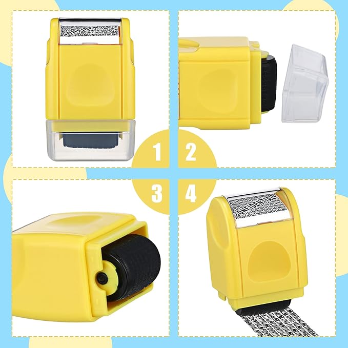 Nezyo 2 Pack Identity Protection Roller Stamp Identity Theft, Confidential, Privacy Roller Stamp Information Blocker and 4 Pack Refill Ink for ID Account Data Address Security(Yellow)