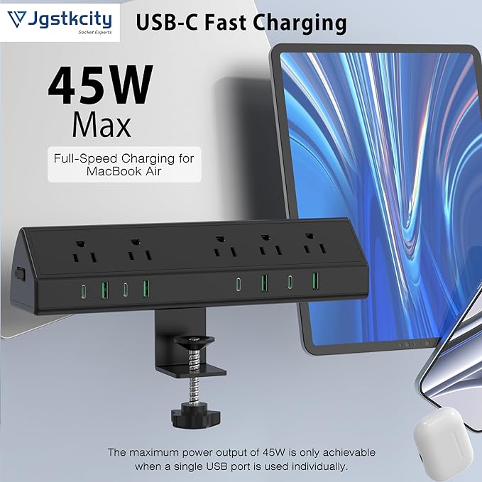 Jgstkcity Desk Clamp Power Strip,45W Fast Charging Station,4 USB-C,4 USB-A,Desk Mount Surge Protector,1875W Extension Cord with Multiple Outlets,ETL Listed,for Home Office Dorm Room