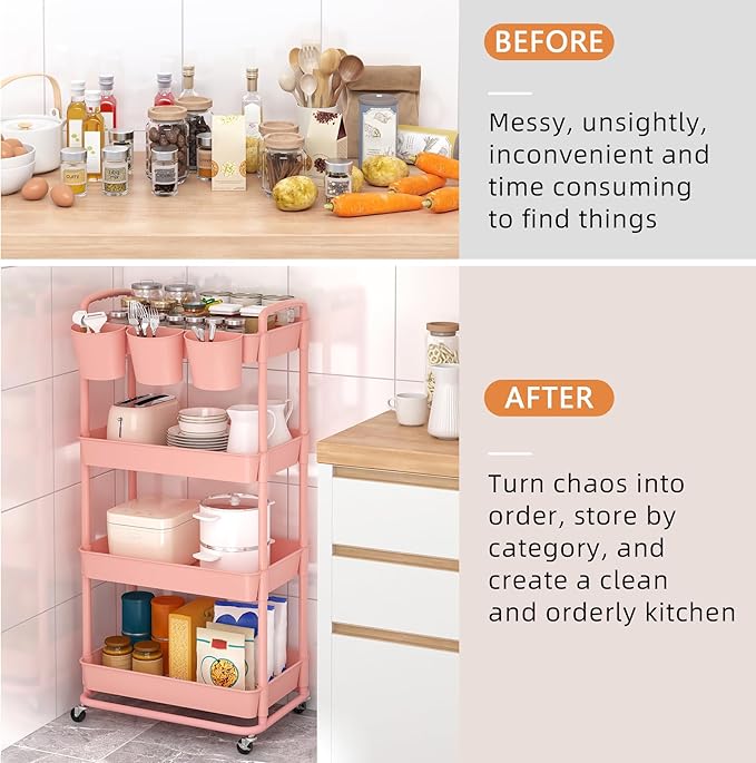 JIUYOTREE 4-Tier Plastic Rolling Storage Cart Utility Cart with Extra Hanging Cups Handles Lockable Wheels for Living Room Bathroom Kitchen Office Pink
