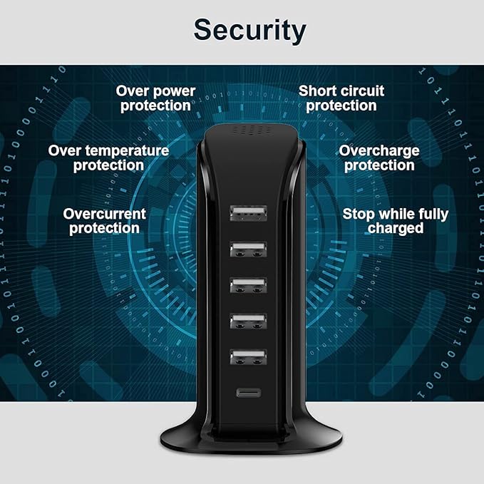 Charger Block 6 in 1 Upoy, 40W USB C Charger 3A, Charging Hub with 5 USB Ports(Shared 6A) for Multiple Electronics, USB Charging Station Multiports, Universal Desktop Phone Charger Travel Ready, Black