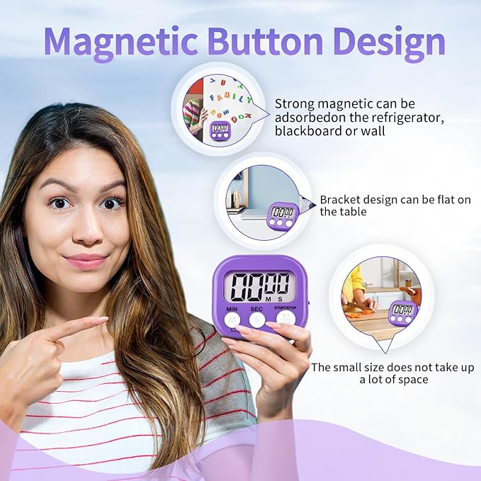 2 Pack Purple Digital Kitchen Timer Magnetic Digital Timer with Big Display Loud Ring Cooking Timers for Kitchen Electronic Timers for Cooking, Game, Gym, Break Time, Classroom (2, Purple)