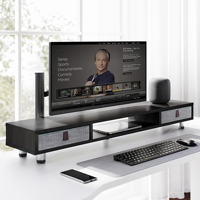 Fenge Dual Monitor Stand with 2 Drawers, 42.5 Inches Large Computer Riser for Desk, Adjustable Height Desk Shelf with Storage for Laptop, PC, TV, Printer