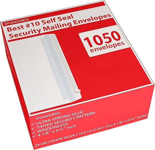 #10 Envelopes Letter Size Self Seal | 1,050 Business Mailing Security Peel and Sealing Envelope | 100% Tinted | no 10 White Windowless Legal Regular Plain Envelops Pack | 4-1/8 x 9-1/2 Inches | 24 LB