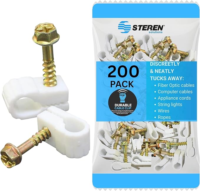 STEREN Coaxial Cable Clips - Cable Holder - Wire Clips - Siding Clips for Hanging - Cord Holder for Desk - Cable Clamps (White, 200 Count - Single Screw)