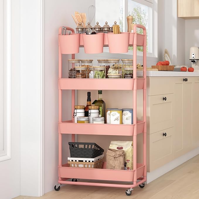 JIUYOTREE 4-Tier Plastic Rolling Storage Cart Utility Cart with Extra Hanging Cups Handles Lockable Wheels for Living Room Bathroom Kitchen Office Pink