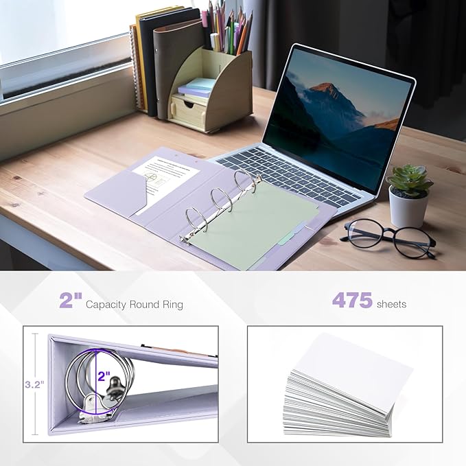 Ospelelf Mini Binder 2 Inch Small 3 Ring Vintage Leather Clipboard 5.5" x 8.5", Professional Binder Organizer Dividers with Tabs, Purple