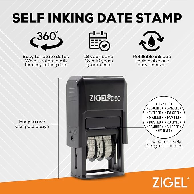 ZIGEL D50 Date Stamp with Your Custom Text - Self Inking Date Stamp - Blue/Red