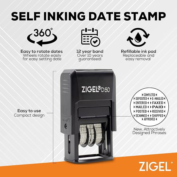 ZIGEL D50 Date Stamp with Approved - Self Inking Date Stamp - Blue