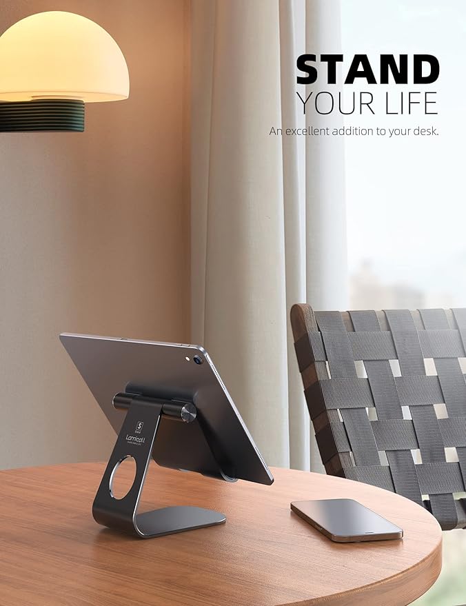 Lamicall Tablet Stand Adjustable, Tablet Stand : Desktop Stands Holder Dock Compatible with Tablets Such as iPad 2018 Pro 9.7, 10.5, Air Mini 4 3 2, Kindle, iPhone 17 Max, E-Reader (4-13'')- Black