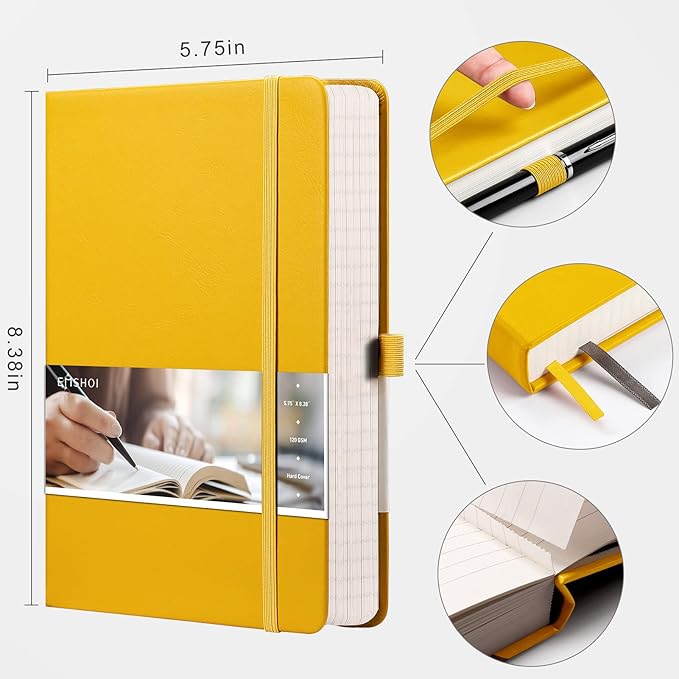 EMSHOI College Ruled Notebook 120gsm Thick Lined Journal - 256 Numbered Pages, A5 Hardcover Leather Writing Notebook for Work, School, Travel - with Sticky Notes, 5.75"x8.38", Yellow