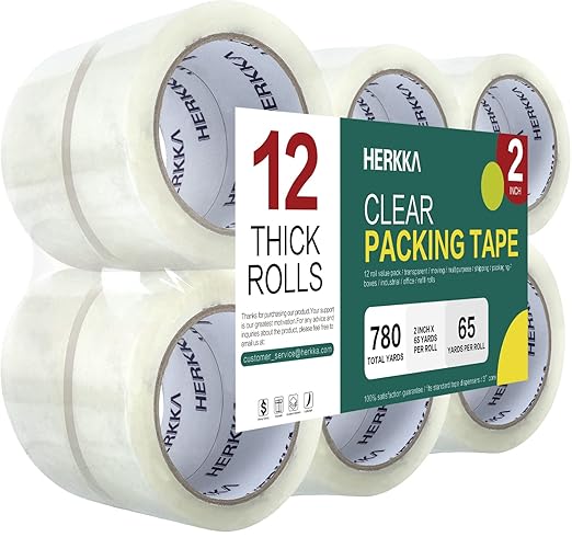 HERKKA Clear Packing Tape, 12 Rolls Heavy Duty Packaging Tape for Shipping Packaging Moving Sealing, Thicker Clear Packing Tape, 2 inches Wide, 65 Yards Per Roll, 780 Total Yards