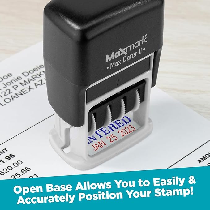 MaxMark Self-Inking Rubber Date Office Stamp with Approved Phrase & Date - RED Ink (Max Dater II), 12-Year Band